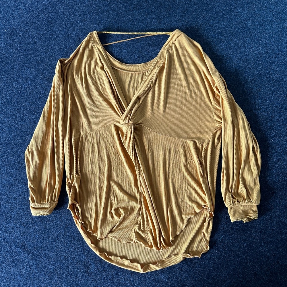 Free People Twist Front Knit‎ Strappy Back Top Mustard Yellow Shimmy Shake Med